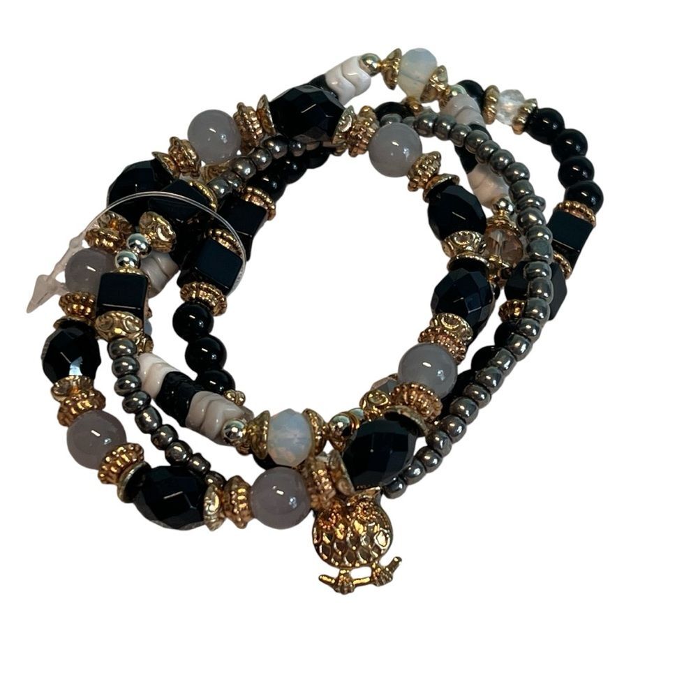 New Stretch Skyline Collection Bracelets Owl Charm Set of 4 Black Gold